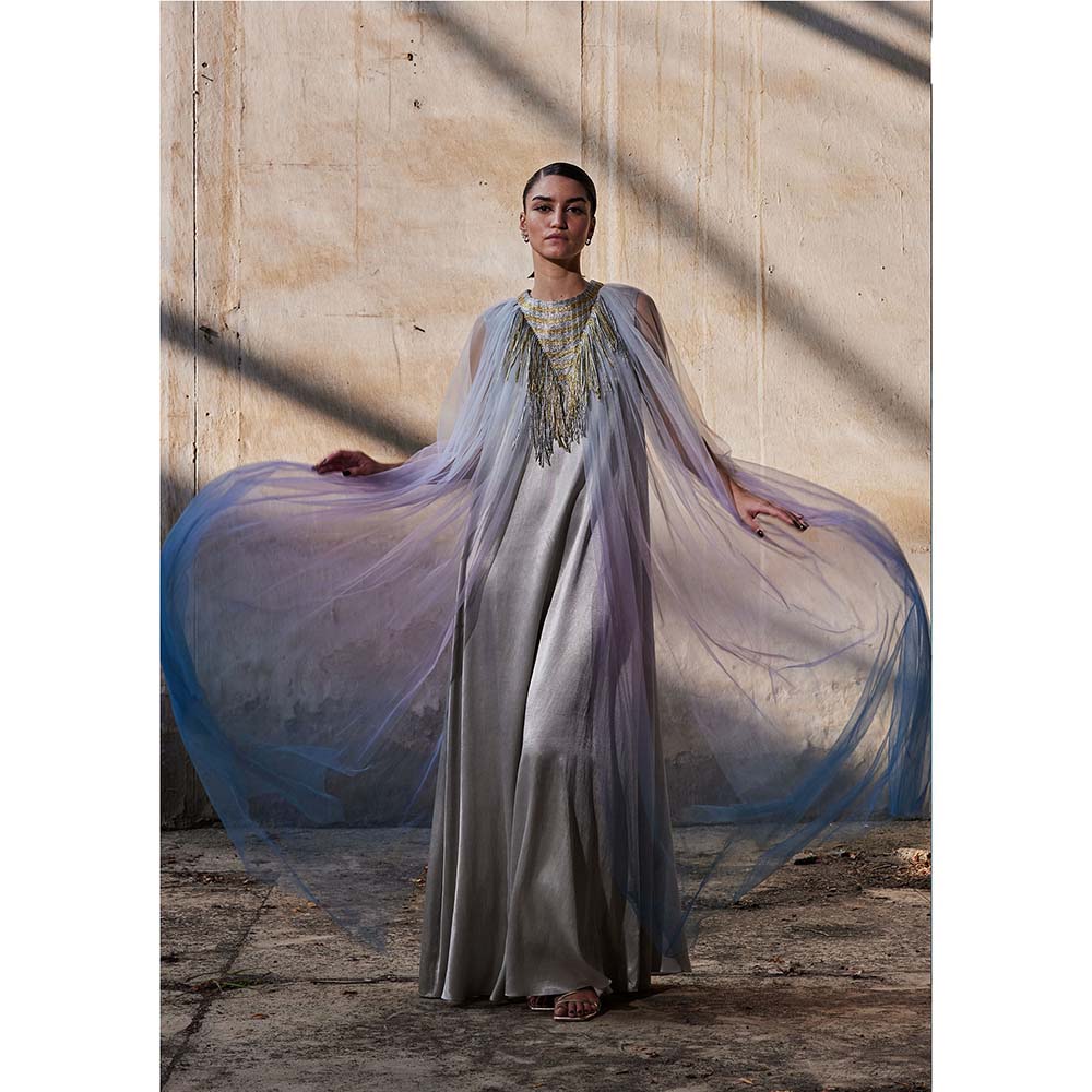 AKHL Silver Triangular Metallic Tulle Cape Sleeve Dress