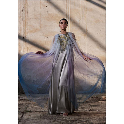 AKHL Silver Triangular Metallic Tulle Cape Sleeve Dress