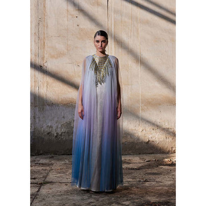 AKHL Silver Triangular Metallic Tulle Cape Sleeve Dress