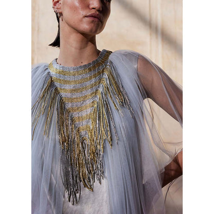 AKHL Silver Triangular Metallic Tulle Cape Sleeve Dress