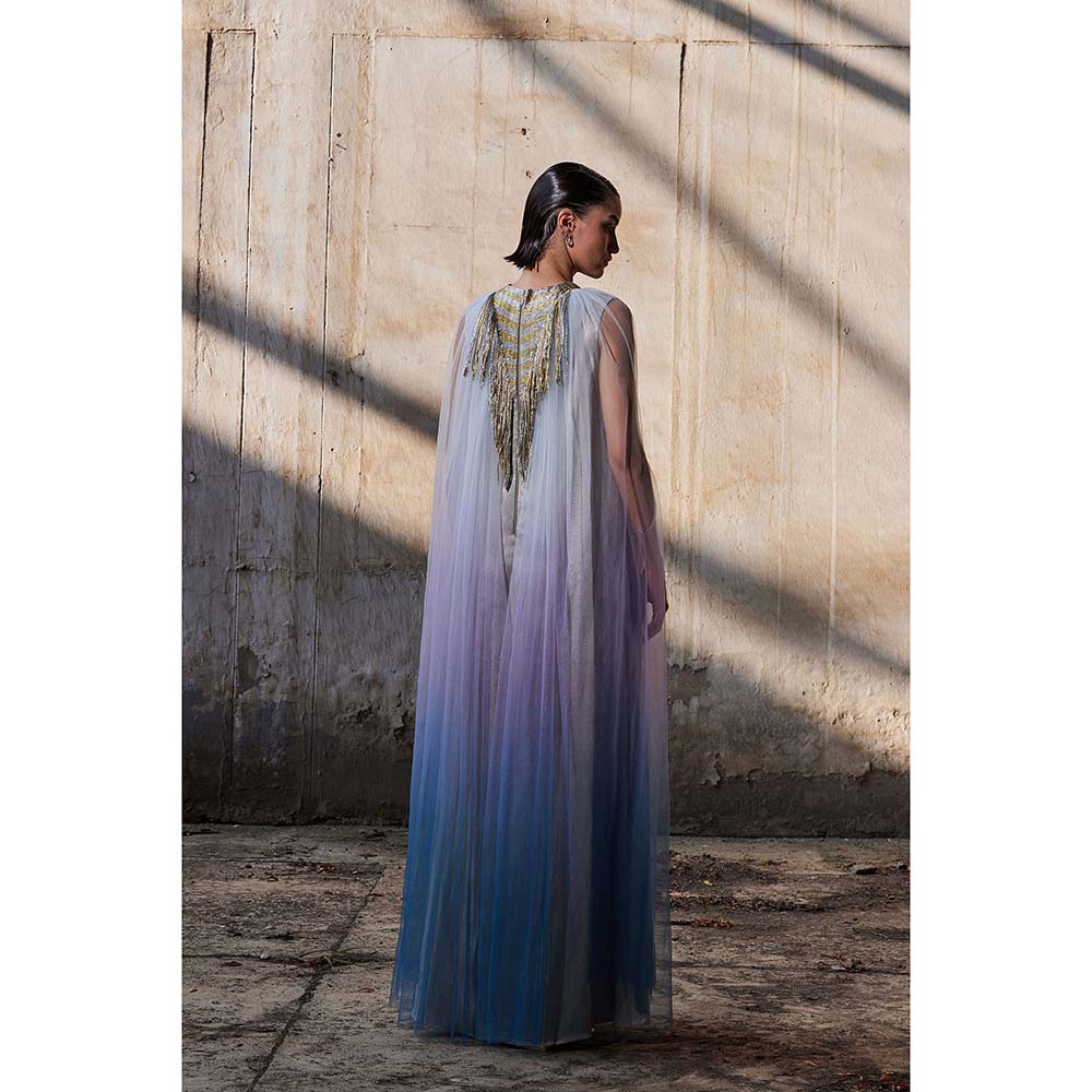 AKHL Silver Triangular Metallic Tulle Cape Sleeve Dress