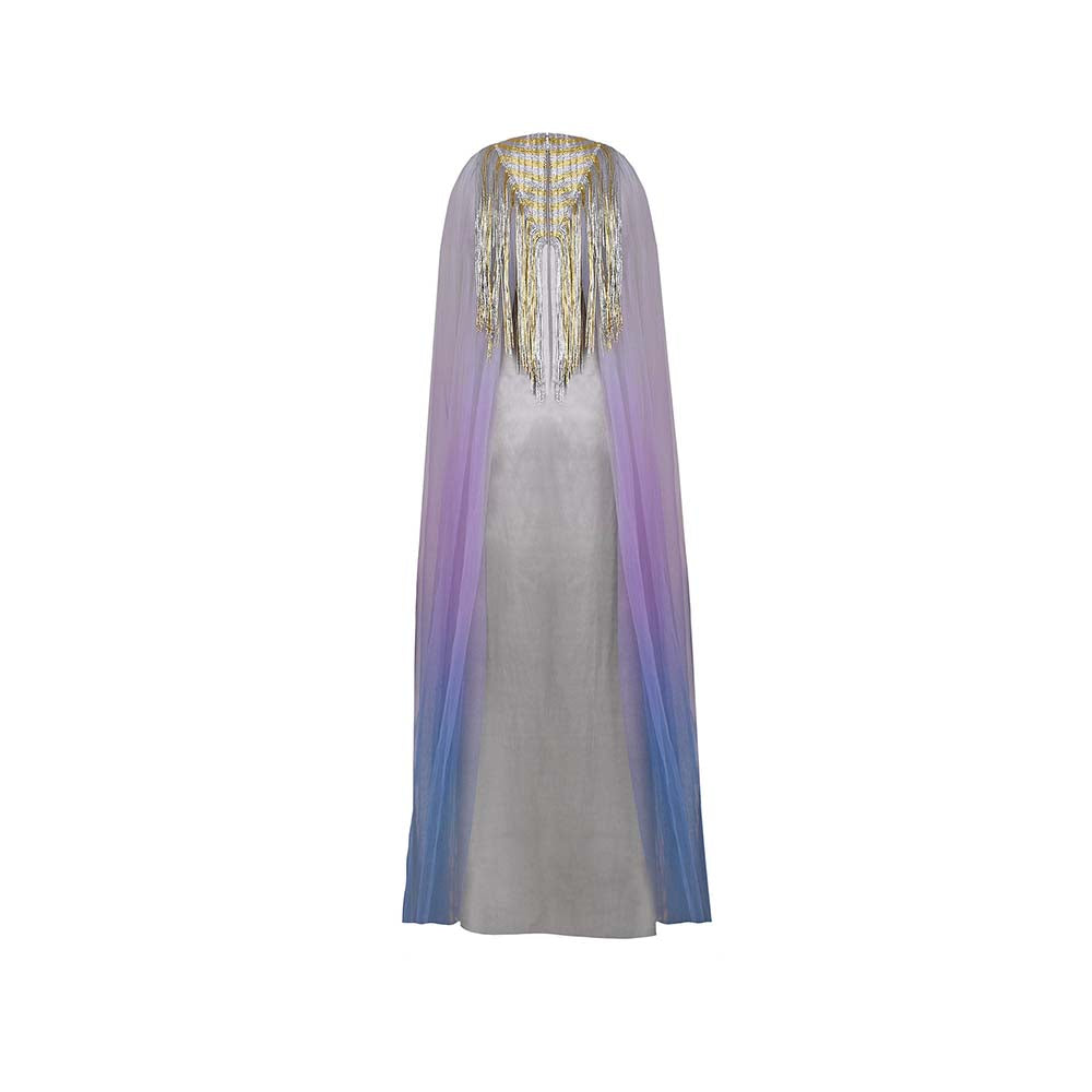 AKHL Silver Triangular Metallic Tulle Cape Sleeve Dress
