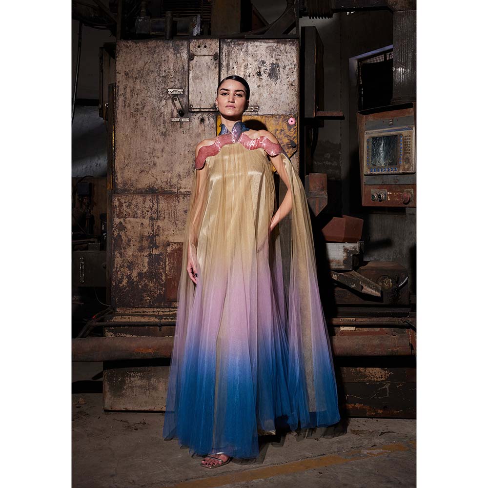 AKHL Gold Gradient Glass Cape Sleeve Dress