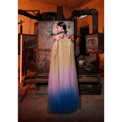 AKHL Gold Gradient Glass Cape Sleeve Dress