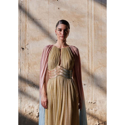 AKHL Gold Cape Sleeve Dress with Attached Belt