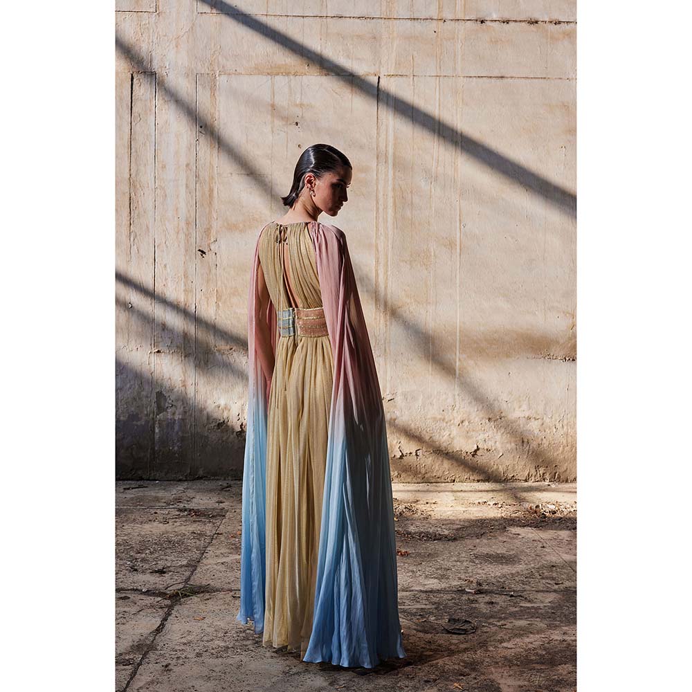 AKHL Gold Cape Sleeve Dress with Attached Belt