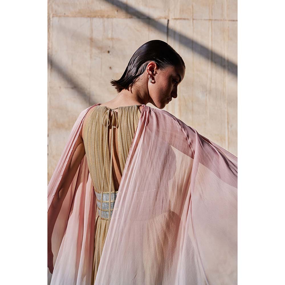 AKHL Gold Cape Sleeve Dress with Attached Belt