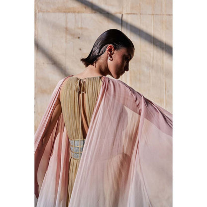 AKHL Gold Cape Sleeve Dress with Attached Belt