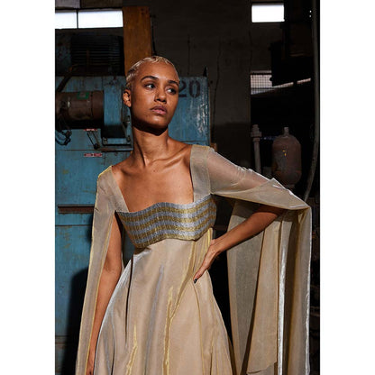 AKHL Gold Metallic Wave Cape Sleeve Dress