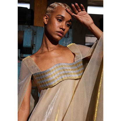 AKHL Gold Metallic Wave Cape Sleeve Dress