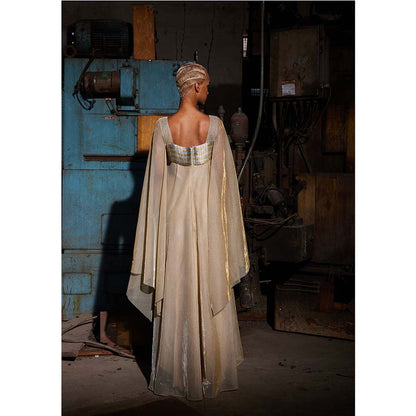 AKHL Gold Metallic Wave Cape Sleeve Dress