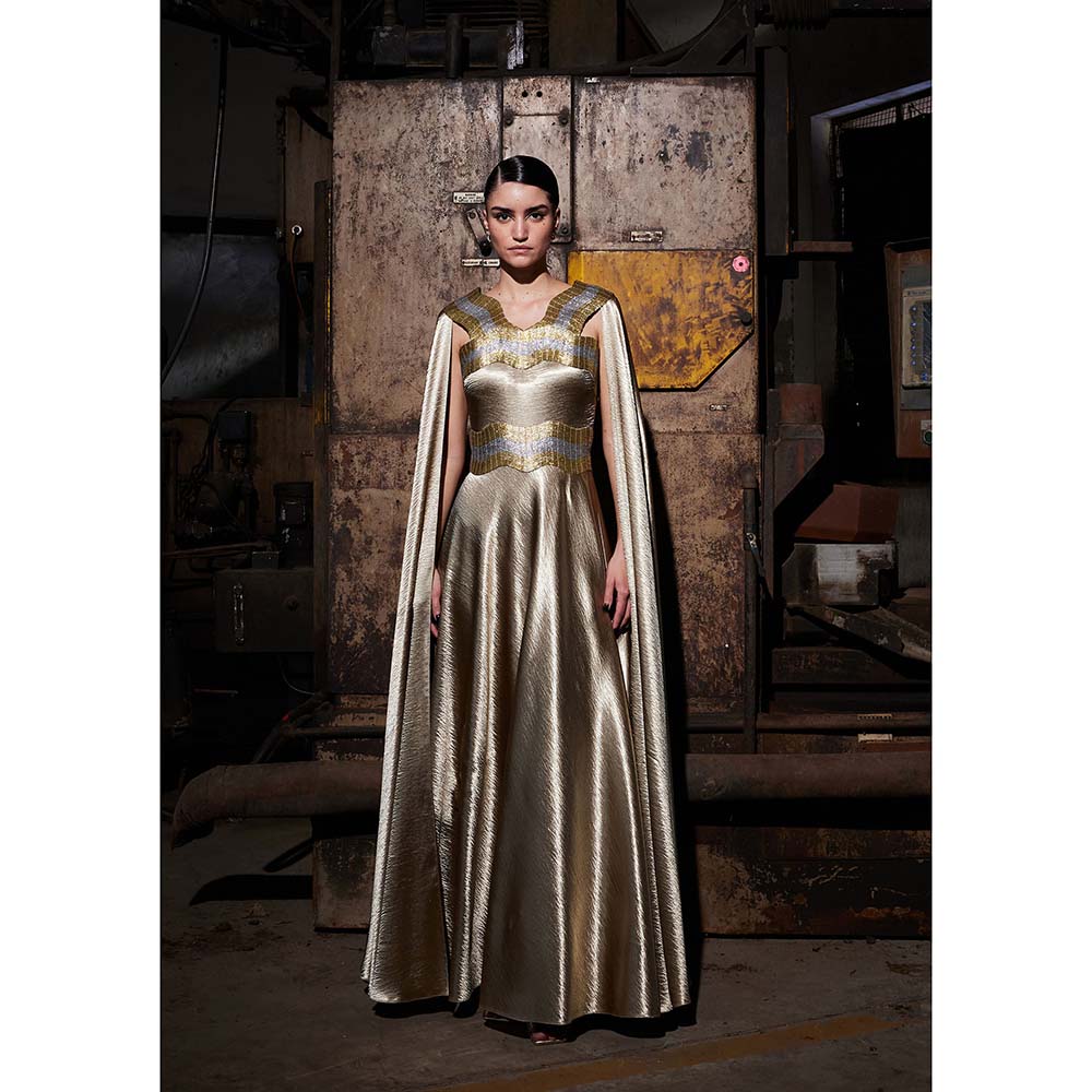 AKHL Textured Satin Cape Sleeve Gold Dress