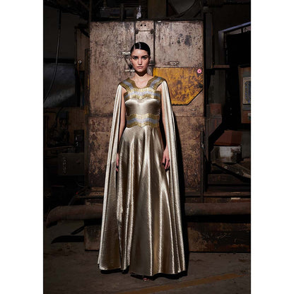 AKHL Textured Satin Cape Sleeve Gold Dress