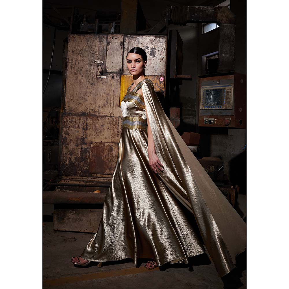 AKHL Textured Satin Cape Sleeve Gold Dress