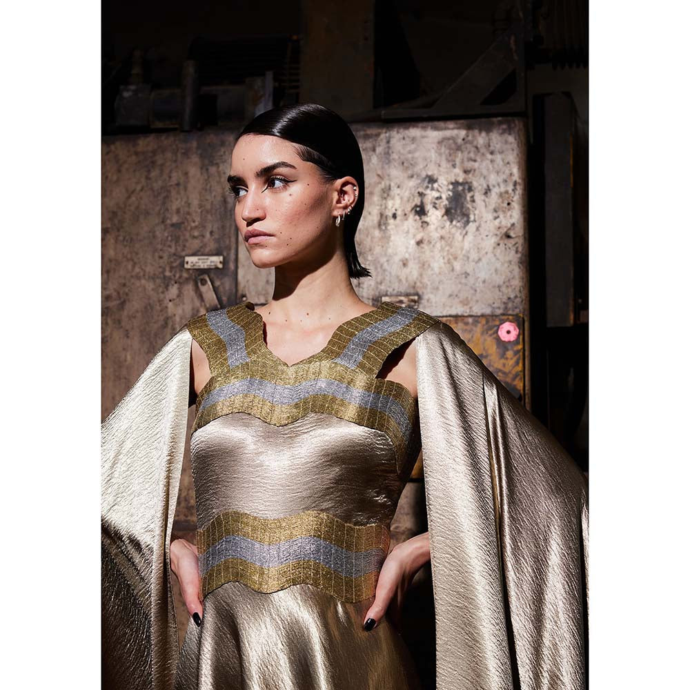 AKHL Textured Satin Cape Sleeve Gold Dress