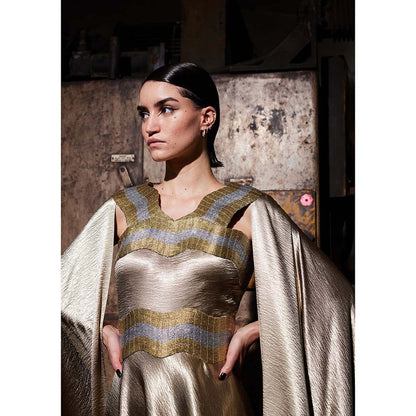 AKHL Textured Satin Cape Sleeve Gold Dress