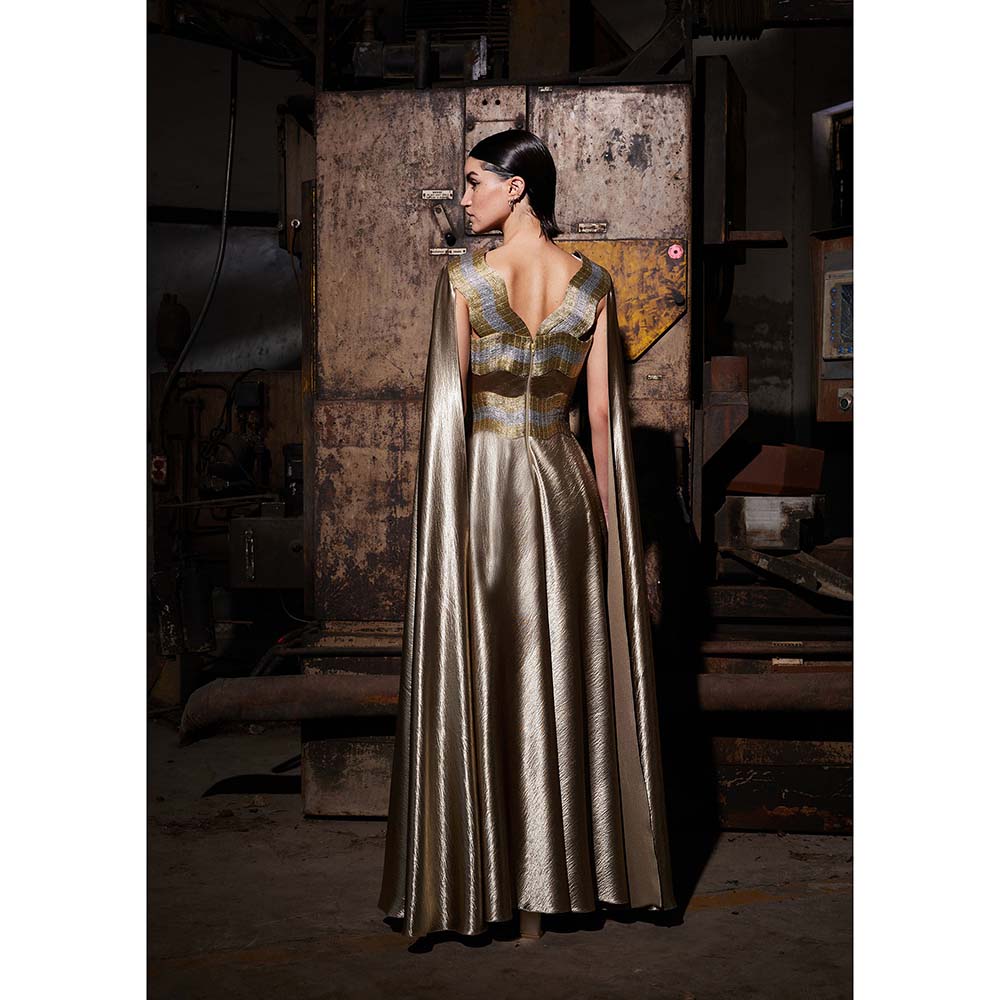 AKHL Textured Satin Cape Sleeve Gold Dress