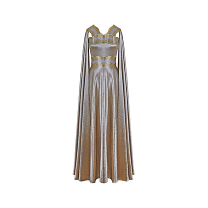 AKHL Textured Satin Cape Sleeve Gold Dress