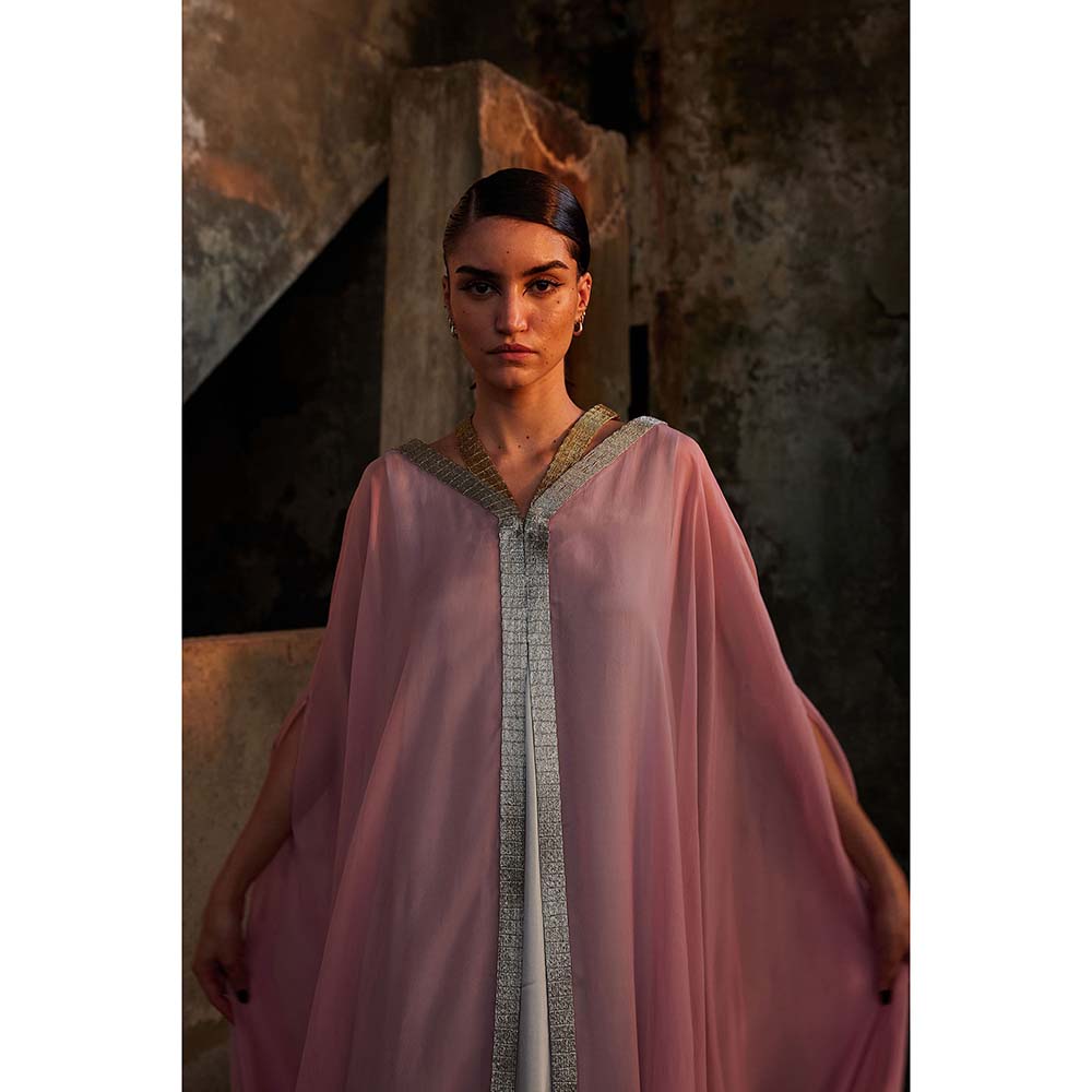 AKHL Pink Metallic Tape Organza Kaftan Dress with Slip (Set of 2)