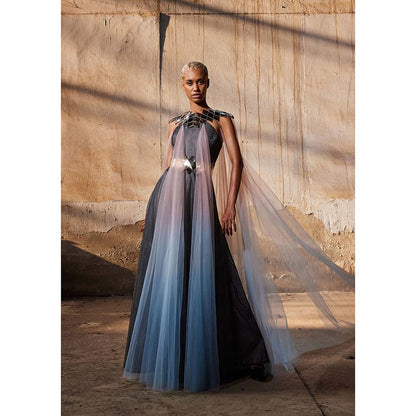 AKHL Charcoal Fall & Panelled Tulle Dress with Cape (Set of 2)