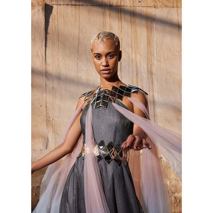 AKHL Charcoal Fall & Panelled Tulle Dress with Cape (Set of 2)