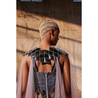 AKHL Charcoal Fall & Panelled Tulle Dress with Cape (Set of 2)