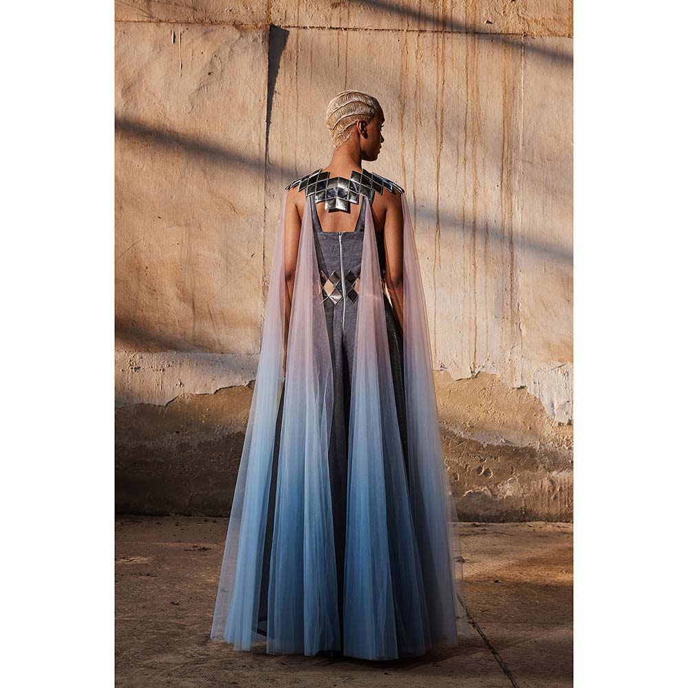 AKHL Charcoal Fall & Panelled Tulle Dress with Cape (Set of 2)
