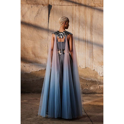 AKHL Charcoal Fall & Panelled Tulle Dress with Cape (Set of 2)
