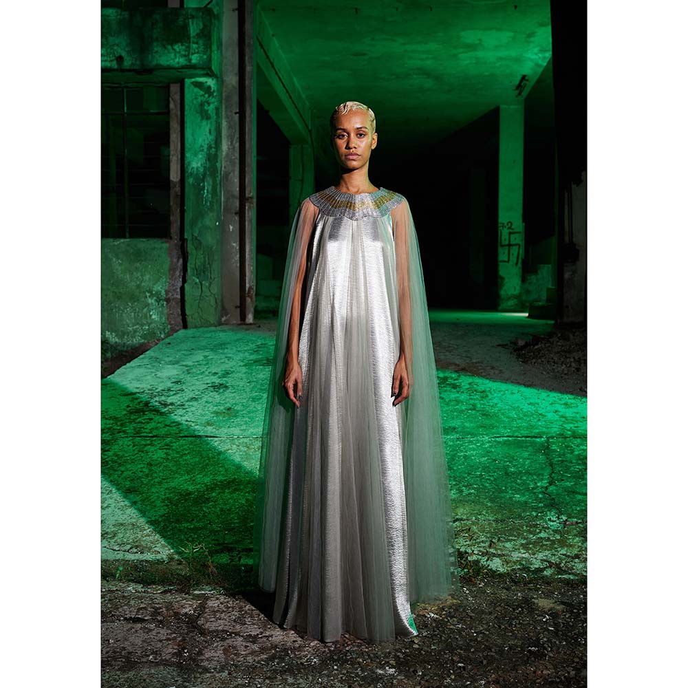 AKHL Silver Wave Metallic Yoke Tulle Dress with Attached Cape