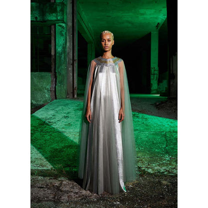 AKHL Silver Wave Metallic Yoke Tulle Dress with Attached Cape
