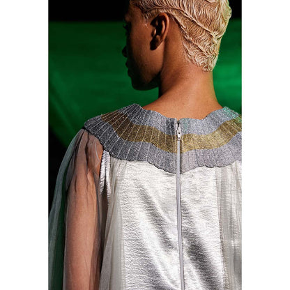 AKHL Silver Wave Metallic Yoke Tulle Dress with Attached Cape