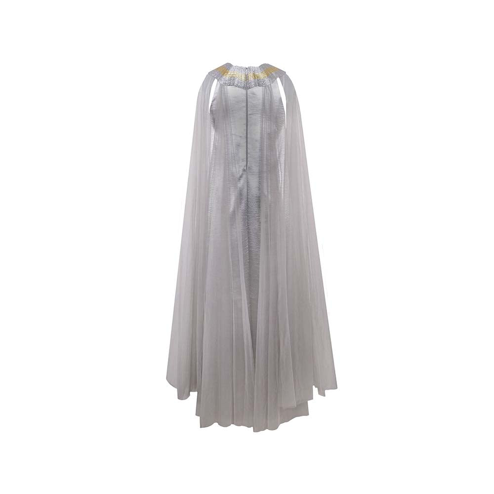 AKHL Silver Wave Metallic Yoke Tulle Dress with Attached Cape