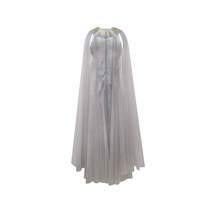 AKHL Silver Wave Metallic Yoke Tulle Dress with Attached Cape
