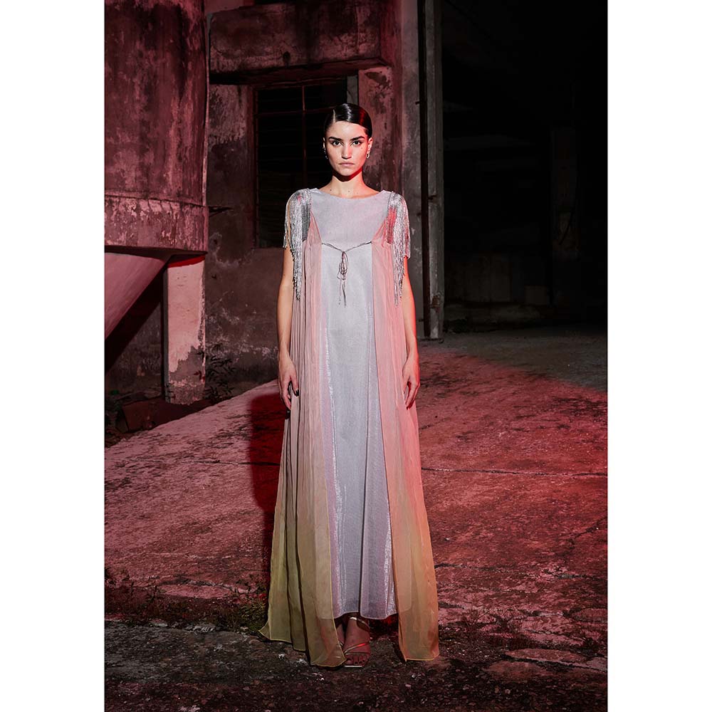 AKHL Pink Metallic Yarn Tassel Dress with Cape (Set of 2)