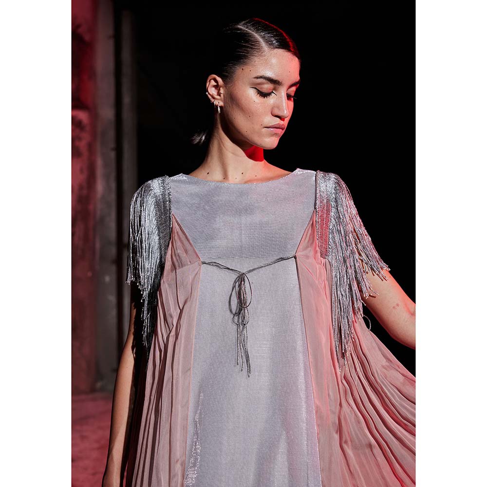 AKHL Pink Metallic Yarn Tassel Dress with Cape (Set of 2)