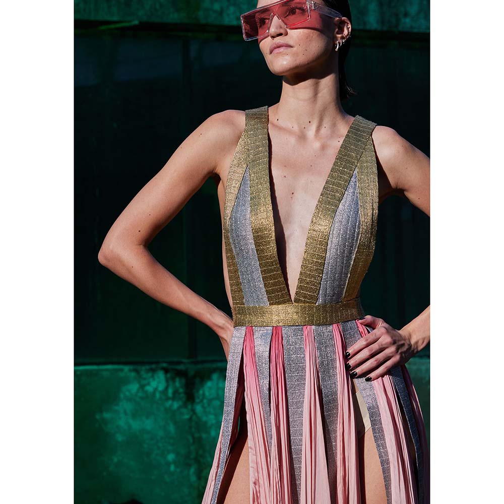 AKHL Multi-Colour Panelled Slit Dress