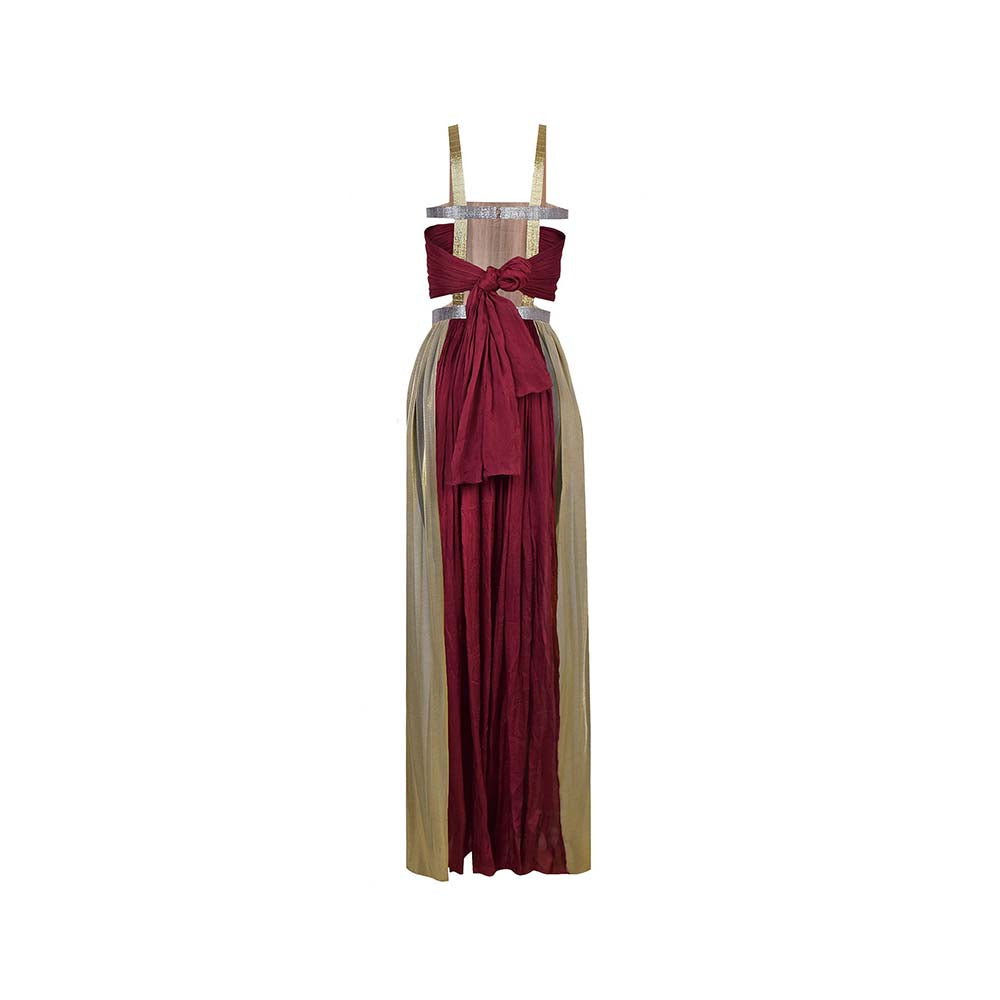 AKHL Wine Gathered Chiffon Slit Dress