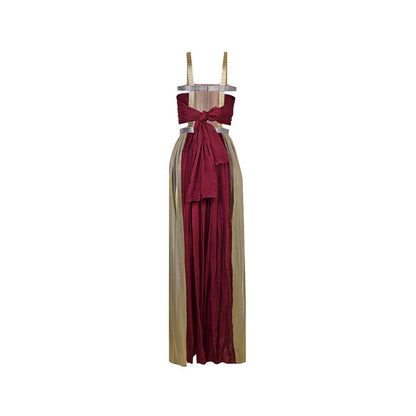 AKHL Wine Gathered Chiffon Slit Dress