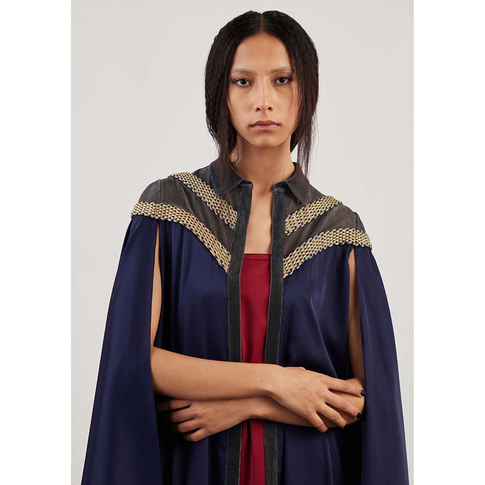 AKHL Blue Handwoven Dress with Cape (Set of 2)