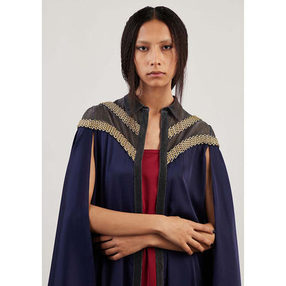 AKHL Blue Handwoven Dress with Cape (Set of 2)