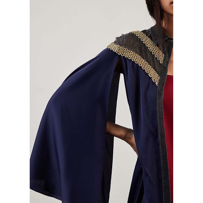 AKHL Blue Handwoven Dress with Cape (Set of 2)