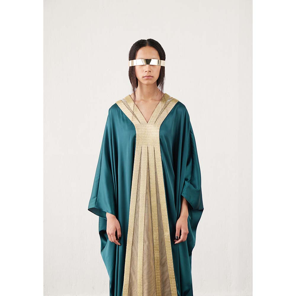 AKHL Teal Satin and Metallic Embroidered Kaftan Dress