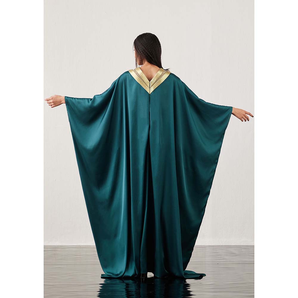 AKHL Teal Satin and Metallic Embroidered Kaftan Dress
