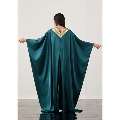 AKHL Teal Satin and Metallic Embroidered Kaftan Dress