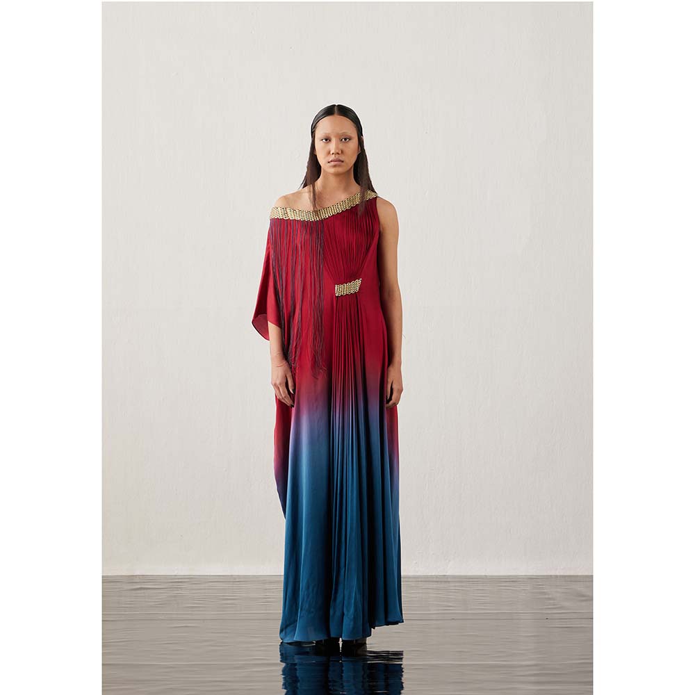 AKHL Red Asymmetric Gradient Kaftan Dress