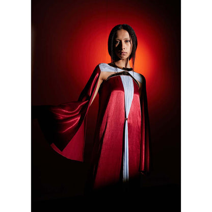 AKHL Red Metallic Crescent Satin Dress