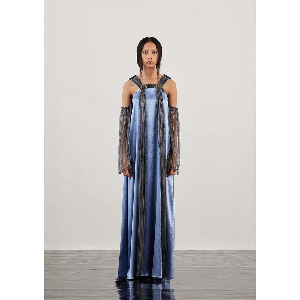 AKHL Blue Pleated Lurex Tulle Strap Dress with Attached Sleeve