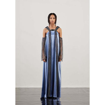 AKHL Blue Pleated Lurex Tulle Strap Dress with Attached Sleeve