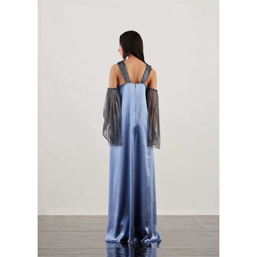 AKHL Blue Pleated Lurex Tulle Strap Dress with Attached Sleeve