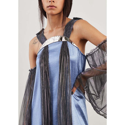 AKHL Blue Pleated Lurex Tulle Strap Dress with Attached Sleeve